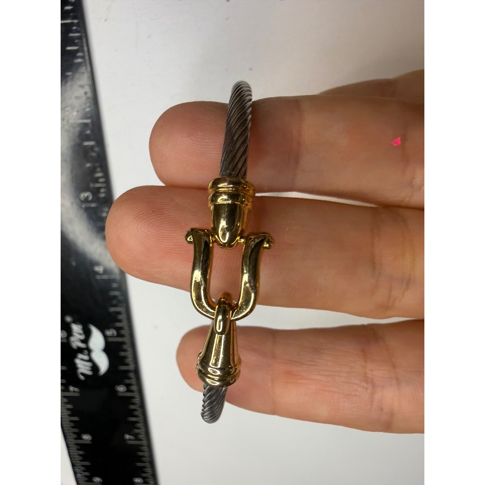 Two Tone Cable Twist Bangle Bracelet Gold Silver Equestrian Hook Clasp 7 Inch